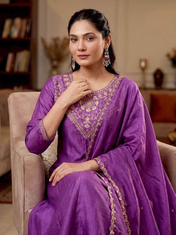 Purple Silk Embroidered Kurti Palazzo Dupatta Set