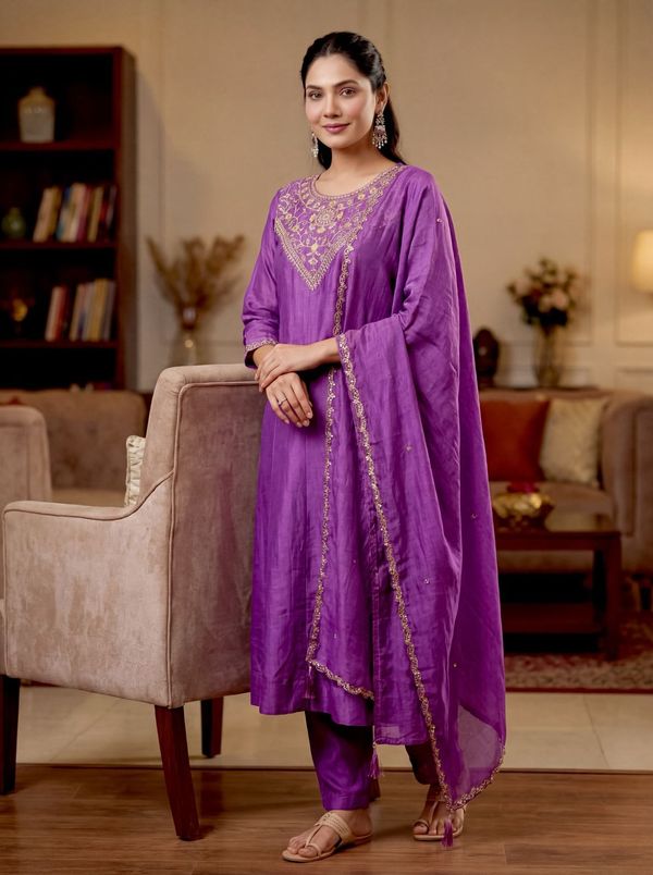 Purple Silk Embroidered Kurti Palazzo Dupatta Set