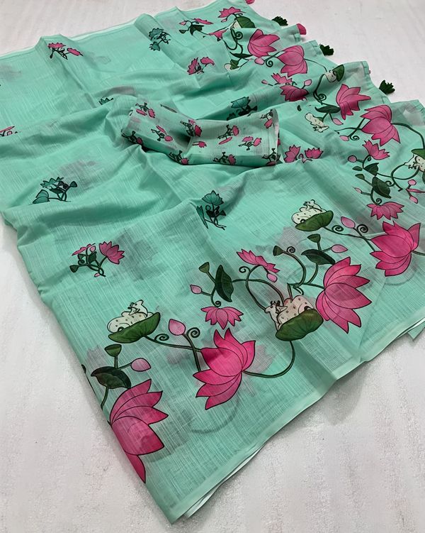 Soft Green Pichwai Lotus Printed Linen Saree