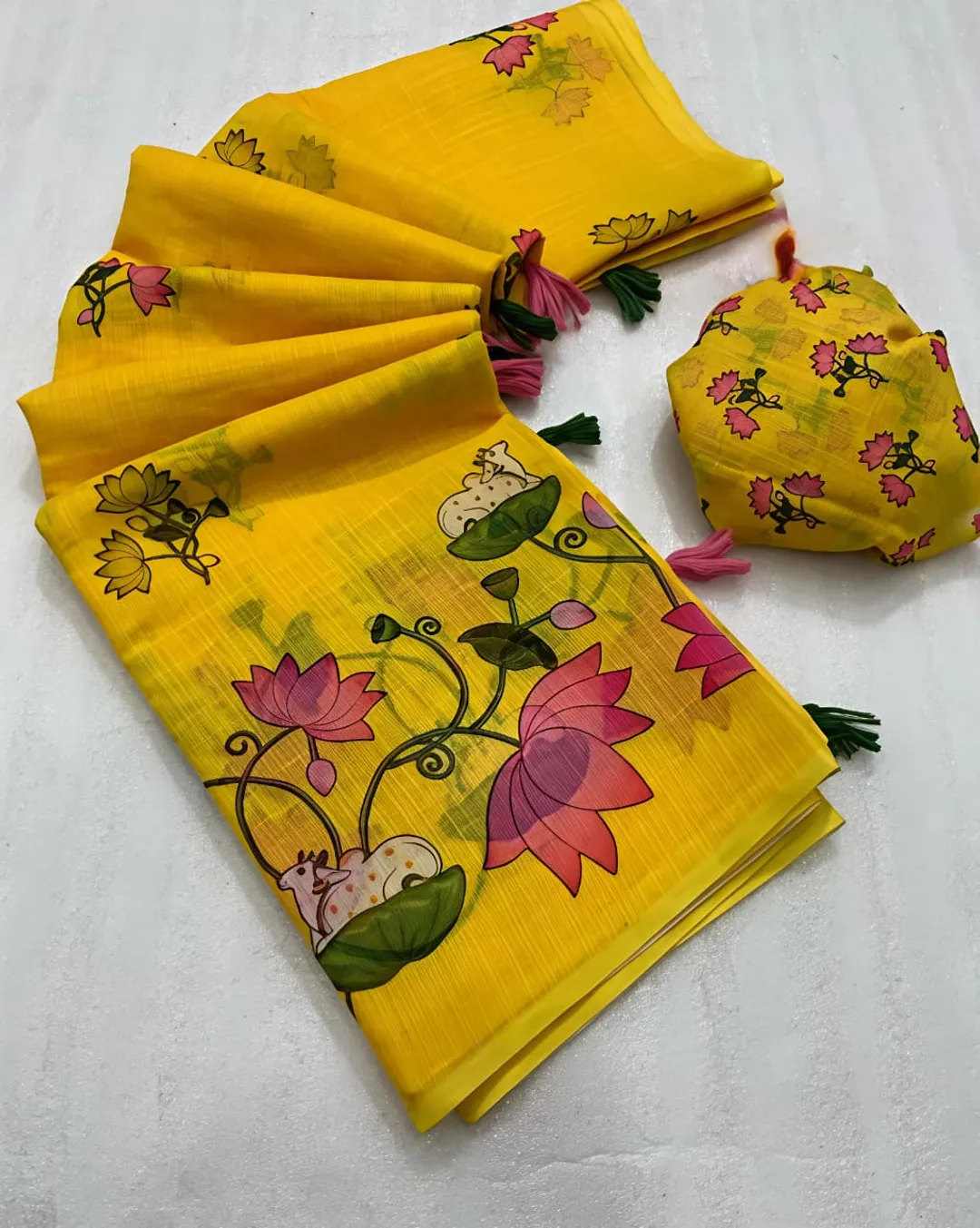 Yellow Lotus Bloom Pichwai Linen Saree