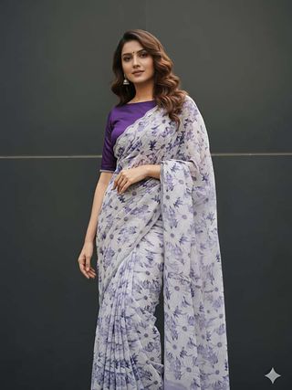 Elegant Lavender Floral Georgette Saree with Border