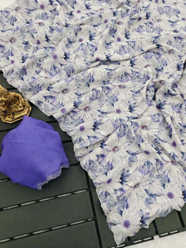 Elegant Lavender Floral Georgette Saree with Border