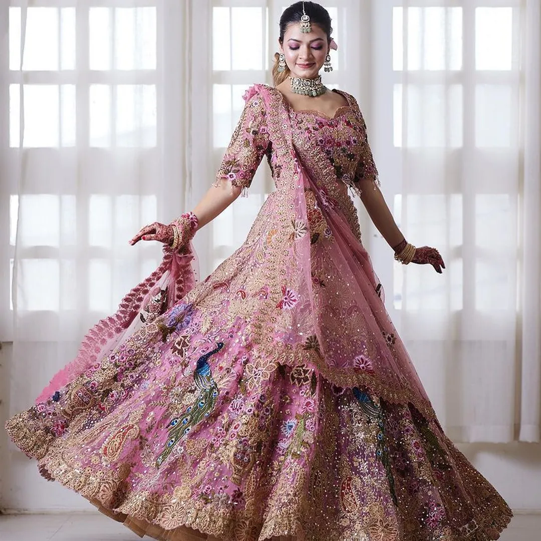 Pink Bridal Sequins Lehenga Set with Heavy Flare