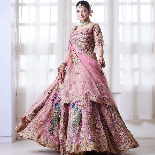 Pink Bridal Sequins Lehenga Set with Heavy Flare