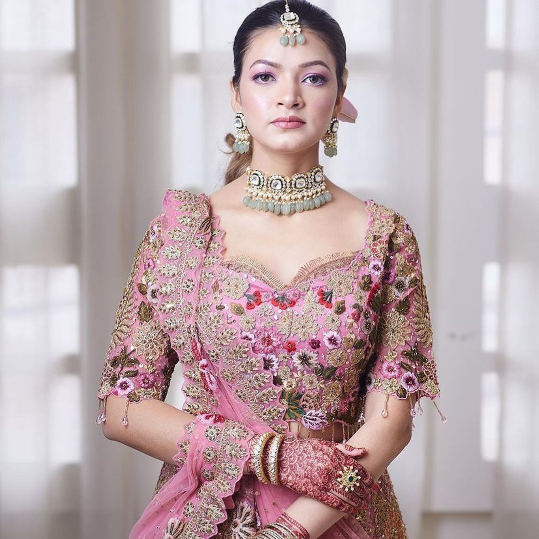 Pink Bridal Sequins Lehenga Set with Heavy Flare