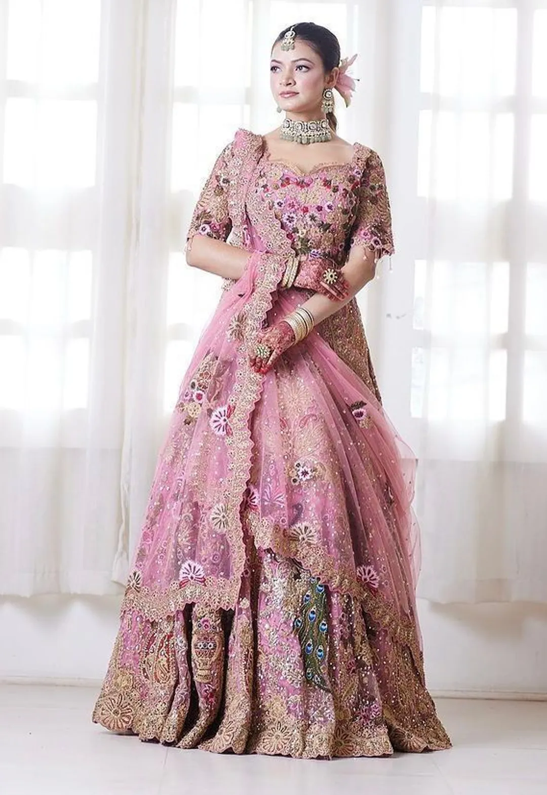Pink Bridal Sequins Lehenga Set with Heavy Flare