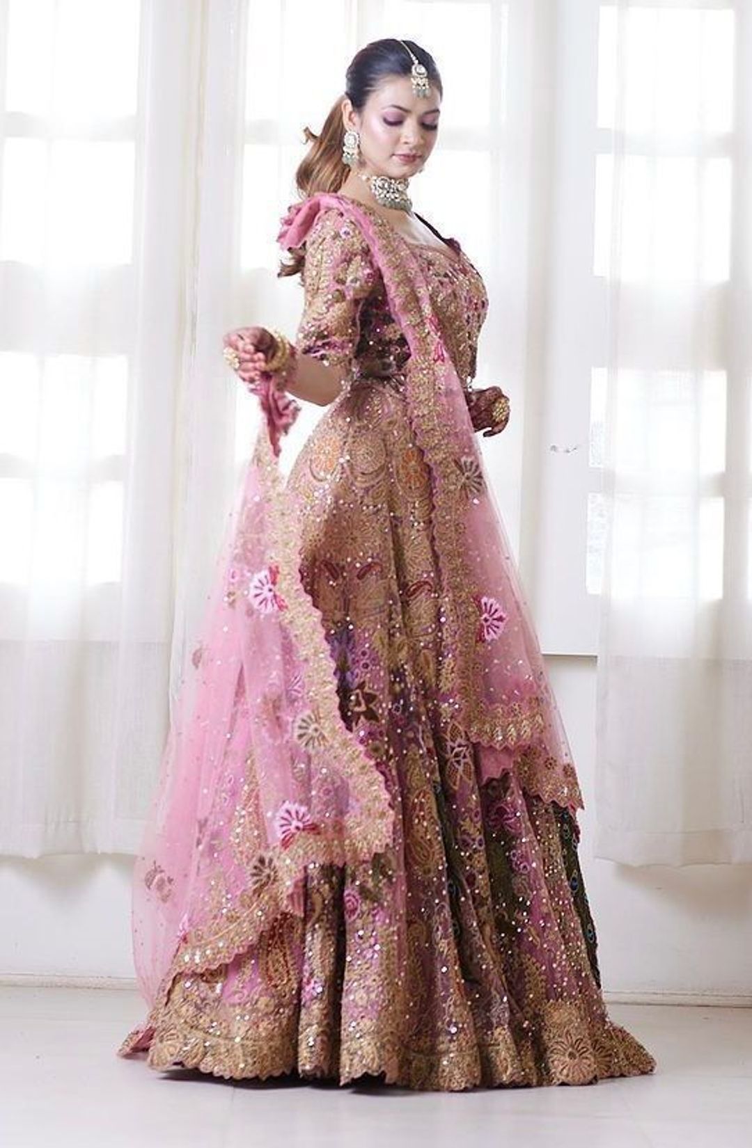 Pink Bridal Sequins Lehenga Set with Heavy Flare