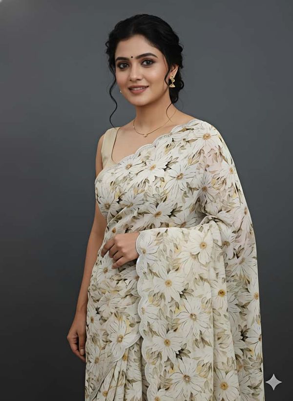 Cream Floral Georgette Saree with Scalloped Border