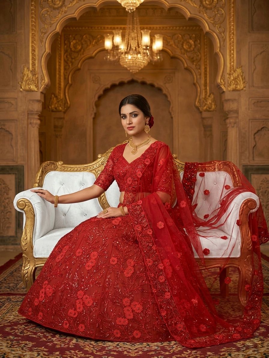 Red net lehenga for wedding