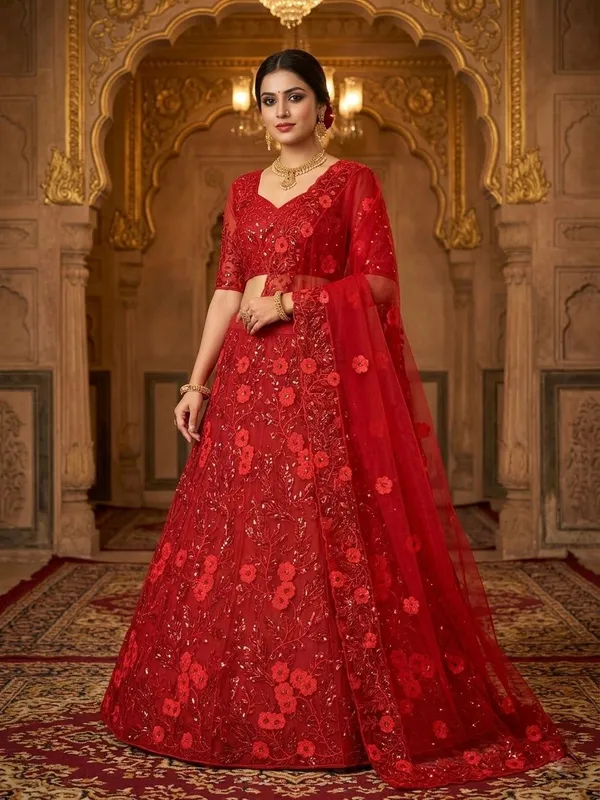 Red Butterfly Net Sequins Lehenga Set Wedding Wear