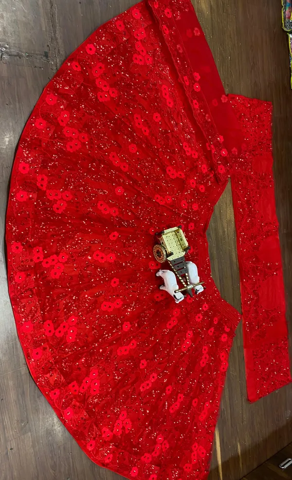 Red Butterfly Net Sequins Lehenga Set Wedding Wear