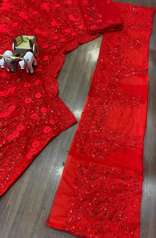 Red Butterfly Net Sequins Lehenga Set Wedding Wear