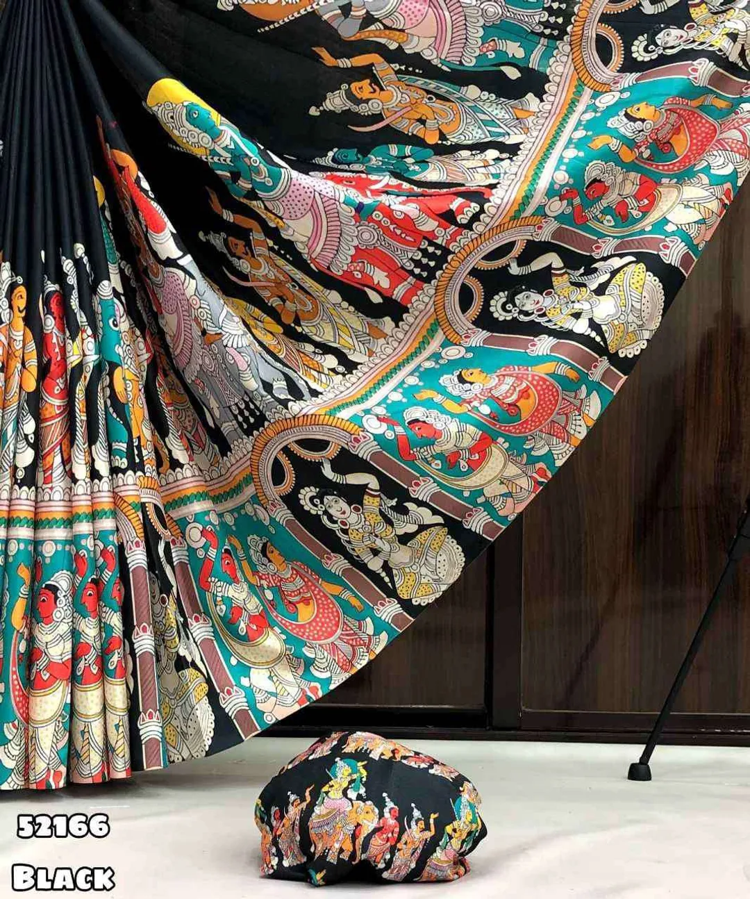 Black Traditional Kalamkari Print Silk Saree