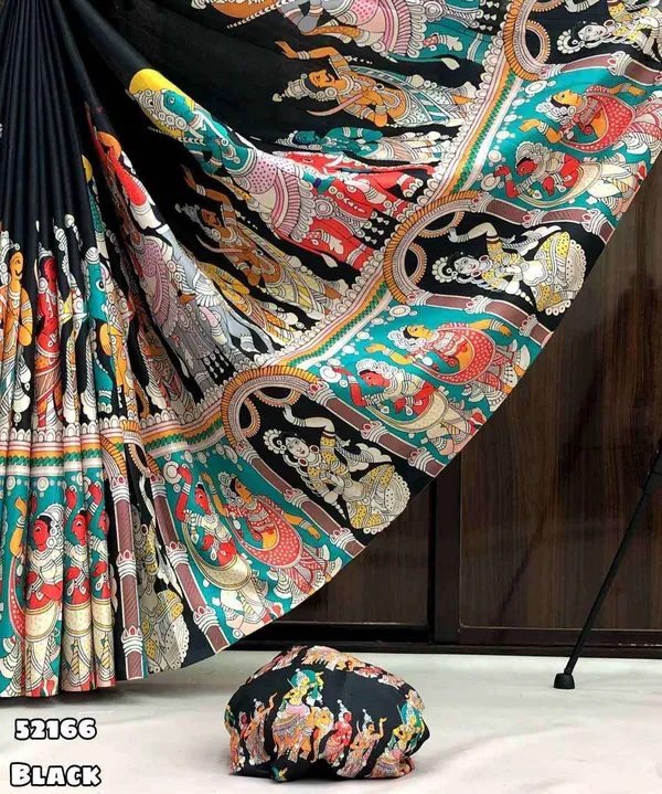 Black Traditional Kalamkari Print Silk Saree