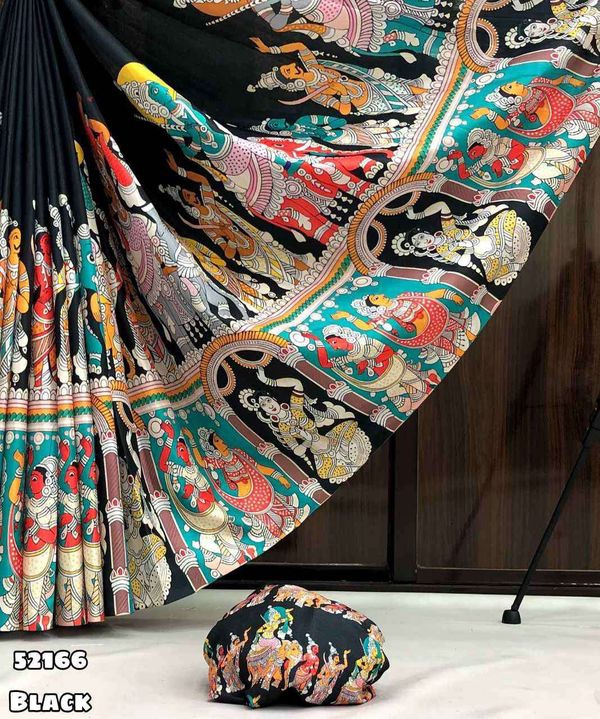 Black Traditional Kalamkari Print Silk Saree