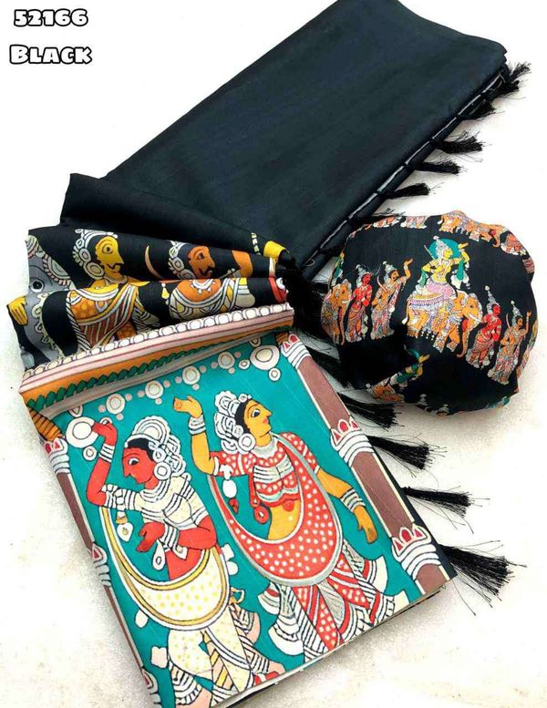 Black Traditional Kalamkari Print Silk Saree