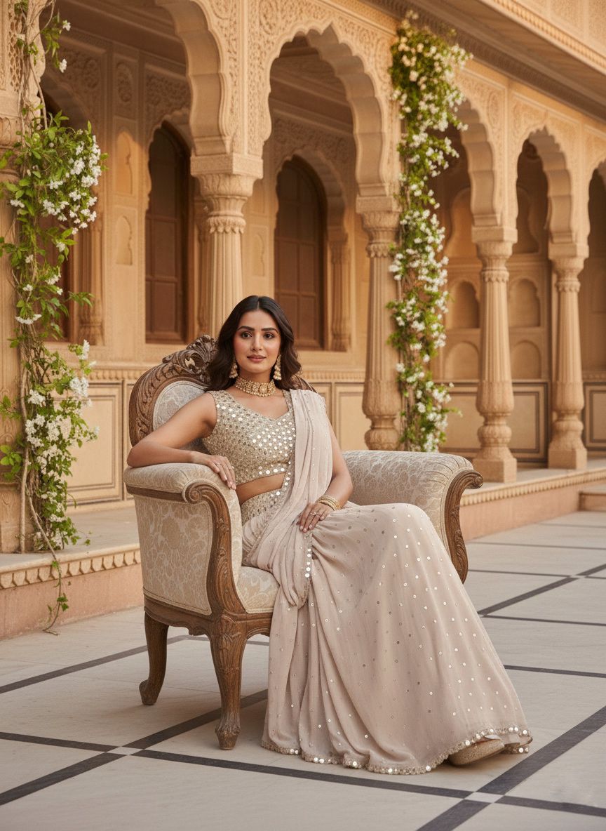 Beige saree with mirror work for daily wear