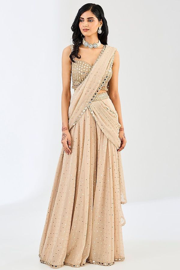 Beige Mirror Work Ready to Wear Saree with Blouse