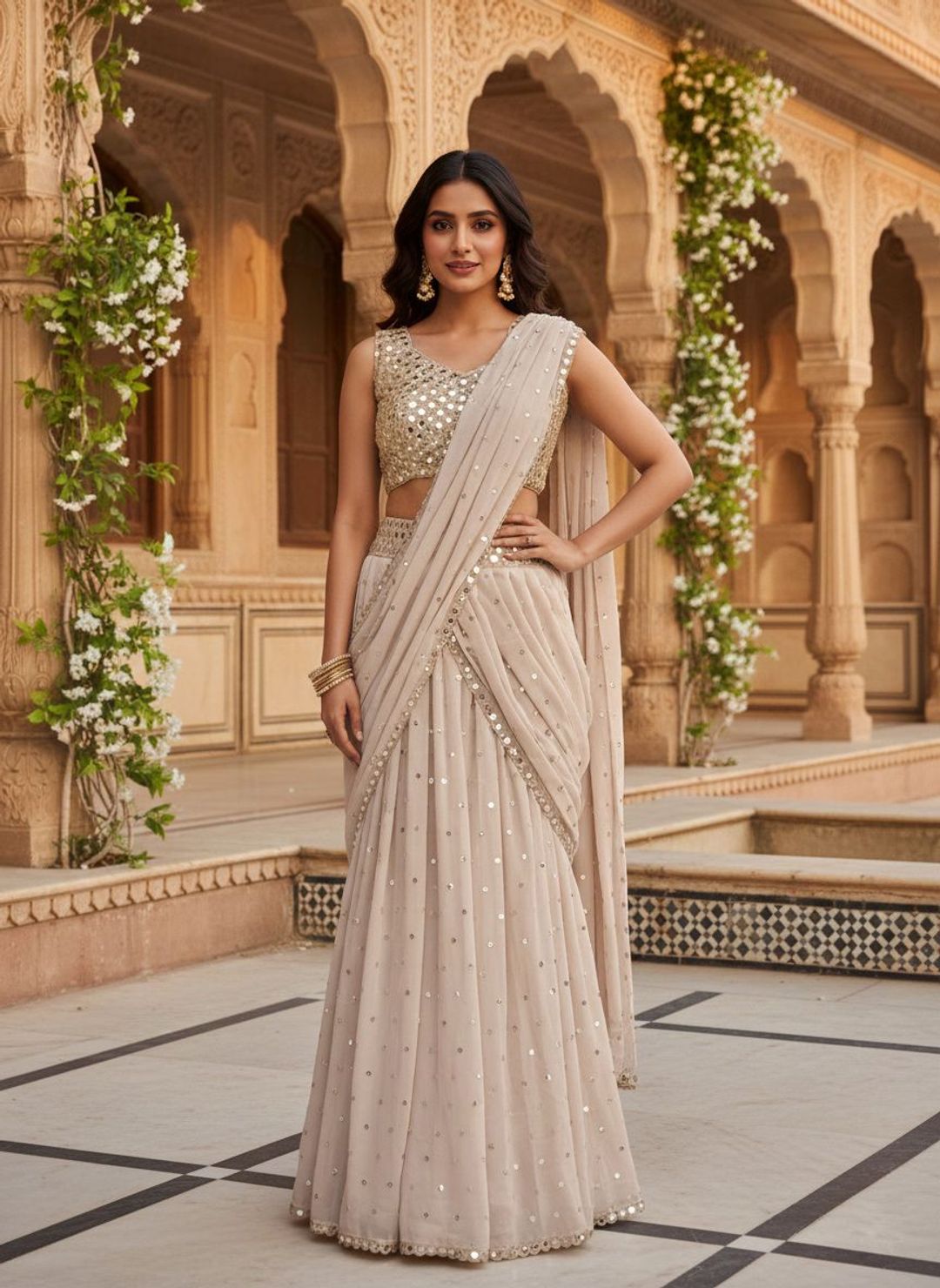 Beige Mirror Work Ready to Wear Saree with Blouse