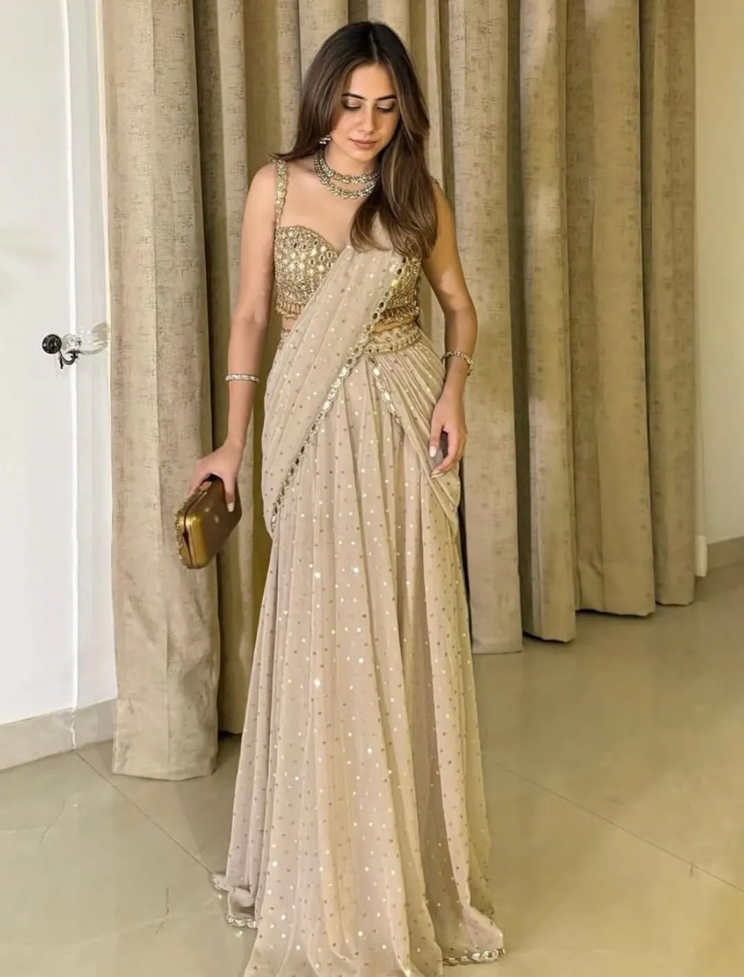 Beige Mirror Work Ready to Wear Saree with Blouse