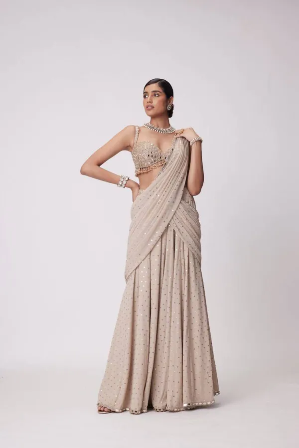 Beige Mirror Work Ready to Wear Saree with Blouse