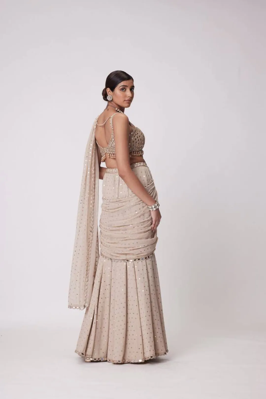 Beige Mirror Work Ready to Wear Saree with Blouse