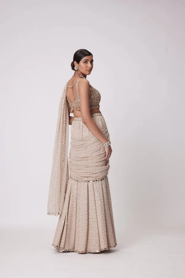 Beige Mirror Work Ready to Wear Saree with Blouse