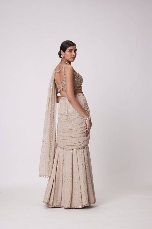 Beige Mirror Work Ready to Wear Saree with Blouse