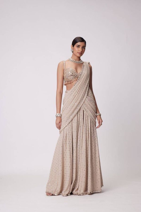 Beige Mirror Work Ready to Wear Saree with Blouse