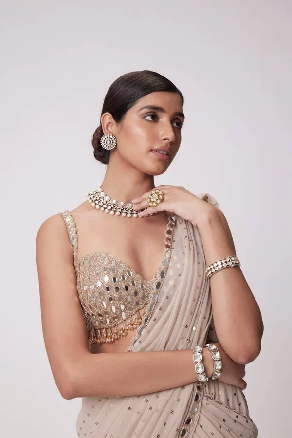 Beige Mirror Work Ready to Wear Saree with Blouse