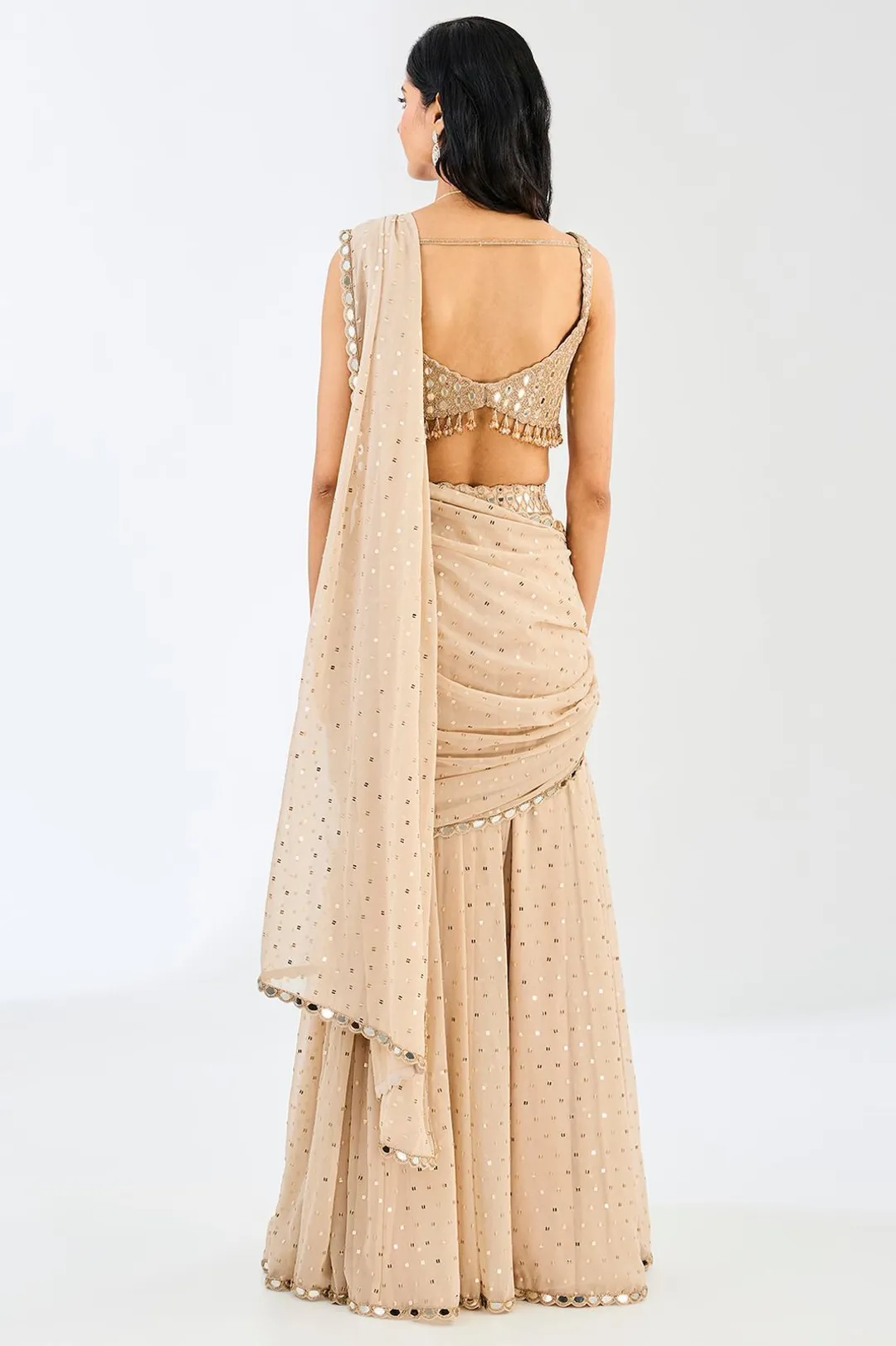Beige Mirror Work Ready to Wear Saree with Blouse