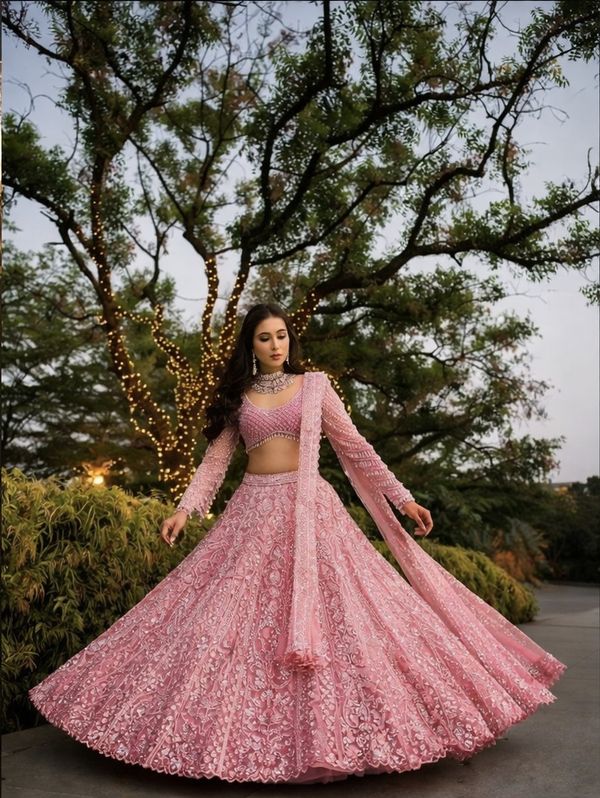 Pink Sequins Embroidered Butterfly Net Lehenga Set