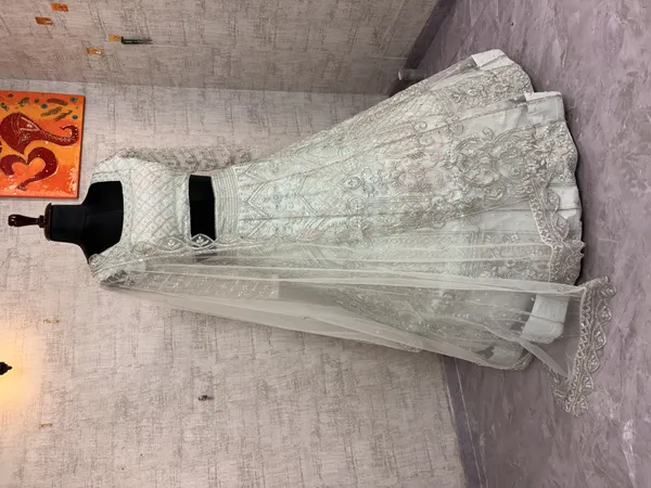Pastel Grey Embroidered Butterfly Net Lehenga Set