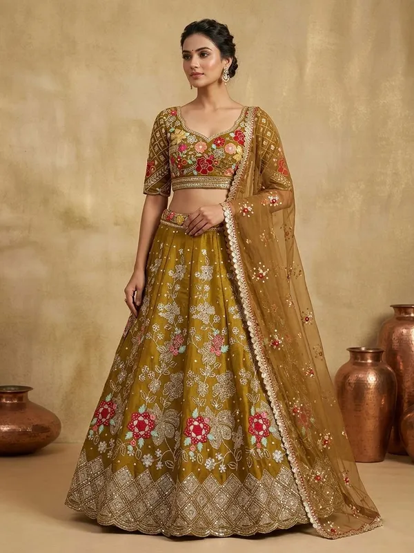 Olive Gold Floral Embroidered Jimmy Chu Lehenga Set