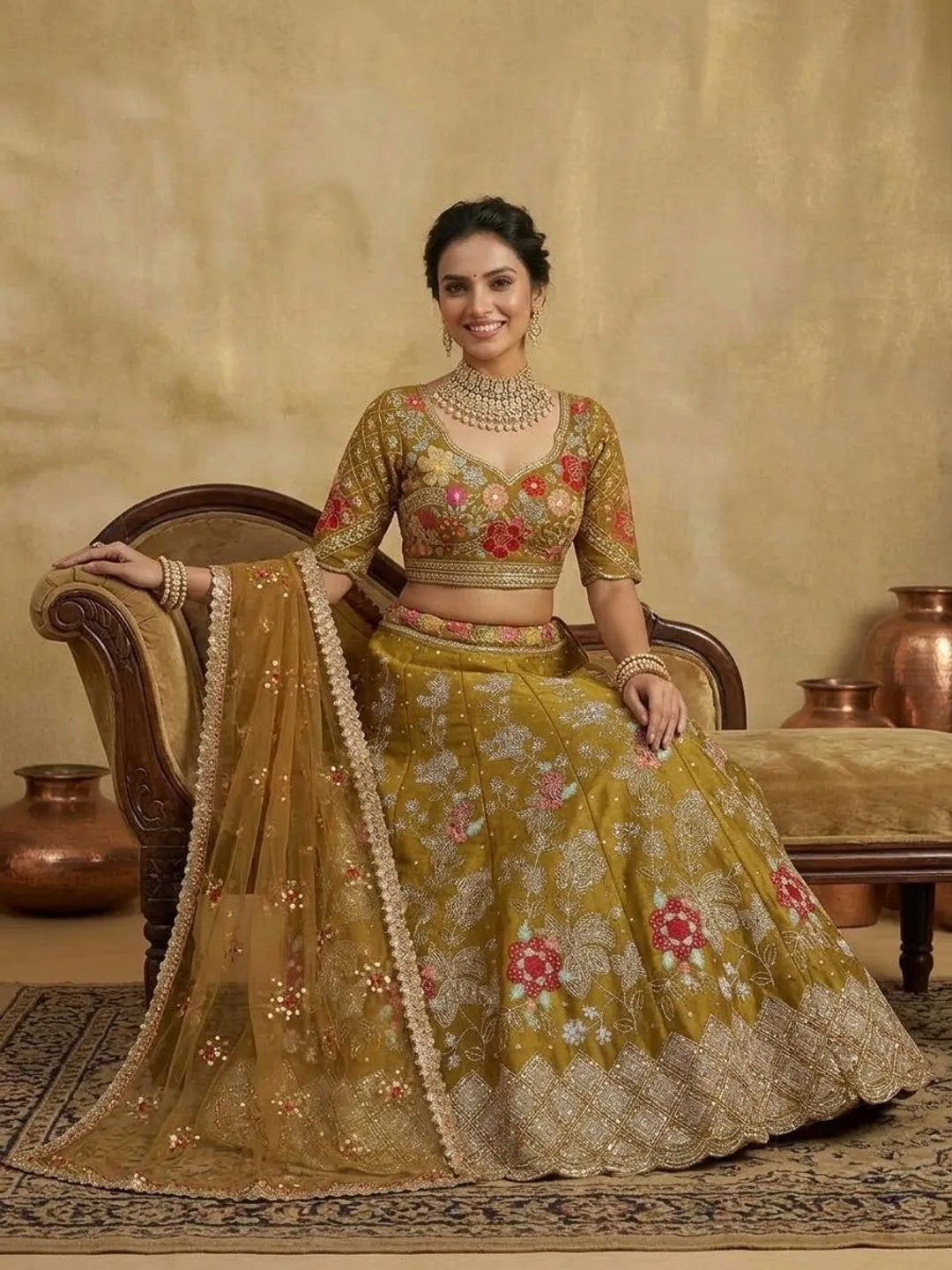Olive Gold Floral Embroidered Jimmy Chu Lehenga Set