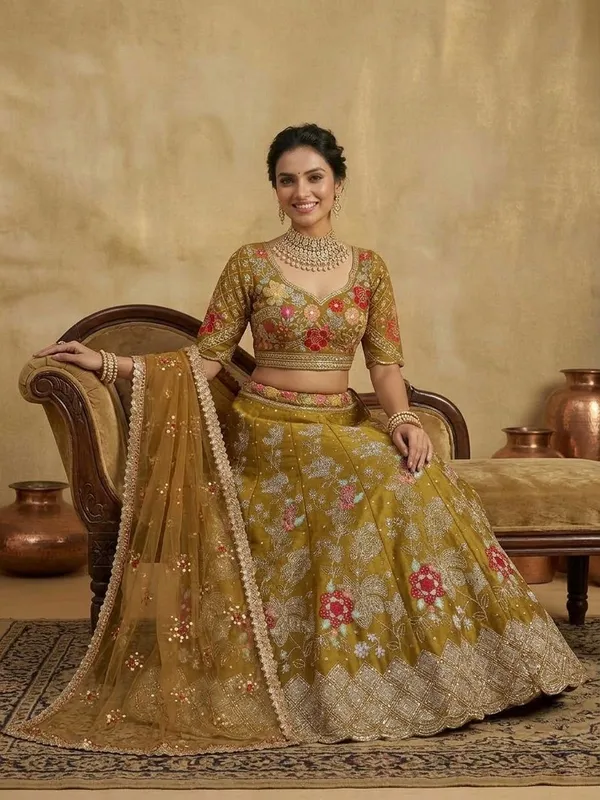 Olive Gold Floral Embroidered Jimmy Chu Lehenga Set