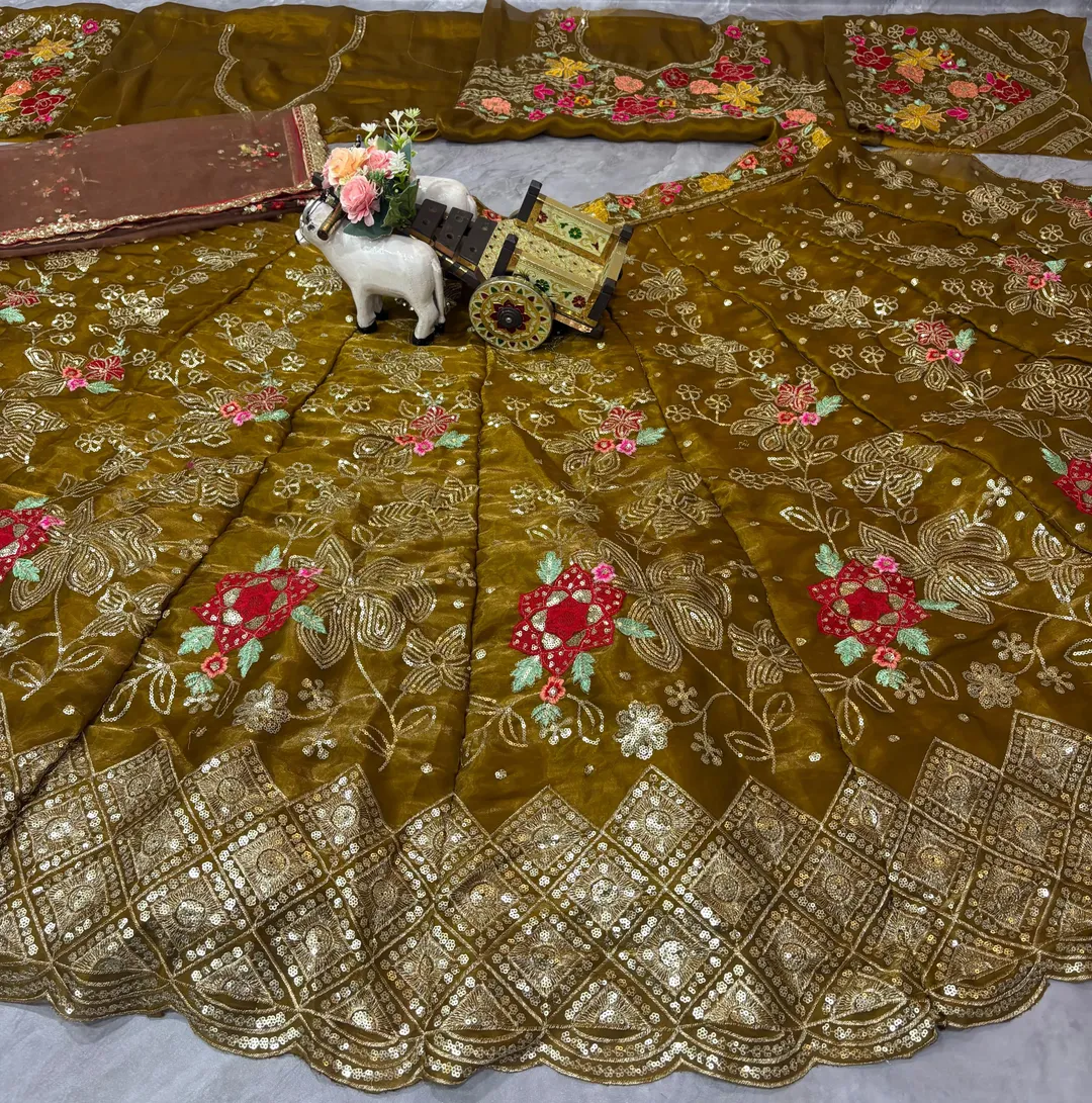 Olive Gold Floral Embroidered Jimmy Chu Lehenga Set