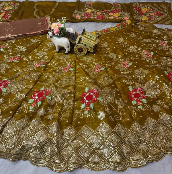 Olive Gold Floral Embroidered Jimmy Chu Lehenga Set