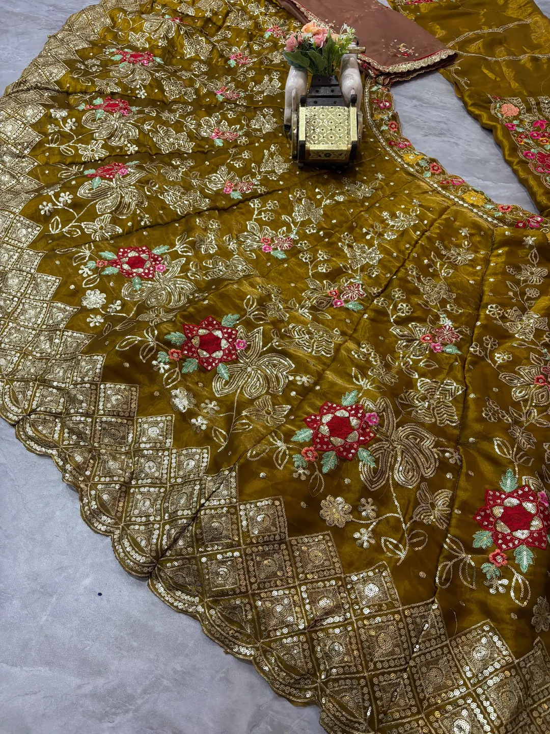 Olive Gold Floral Embroidered Jimmy Chu Lehenga Set