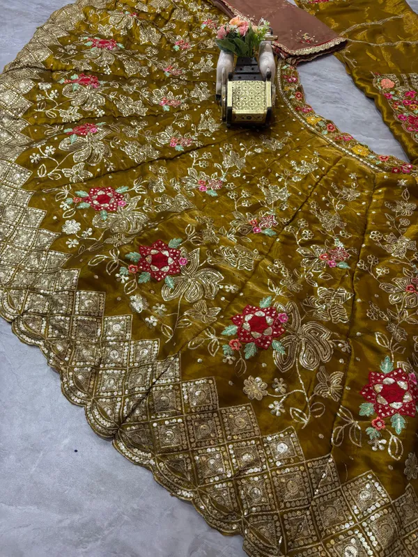 Olive Gold Floral Embroidered Jimmy Chu Lehenga Set