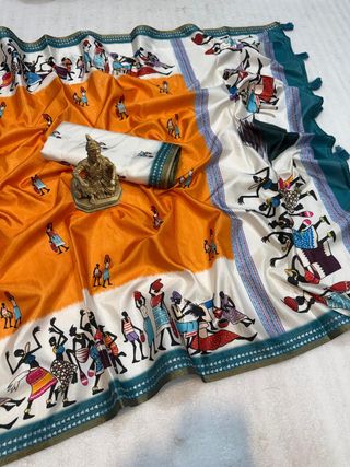 Orange Festive Warli Print Cotton Saree for Women