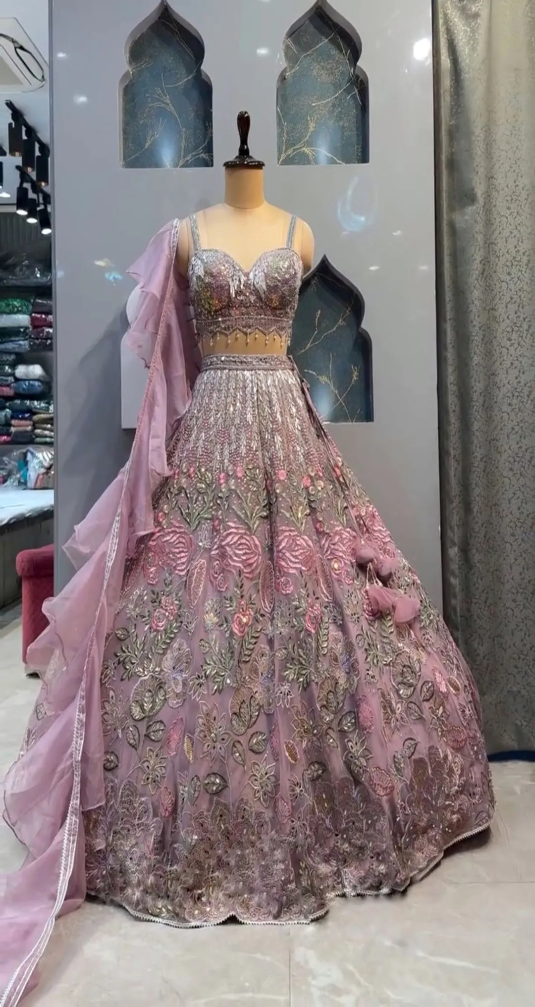 Pink Chinon Silk Sequins Embroidered Lehenga Set Sale