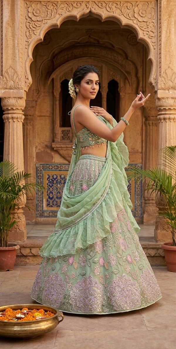 Green Chinon Silk Sequins Embroidered Lehenga Set