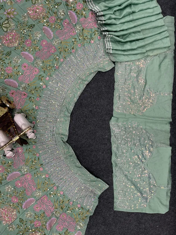Green Chinon Silk Sequins Embroidered Lehenga Set