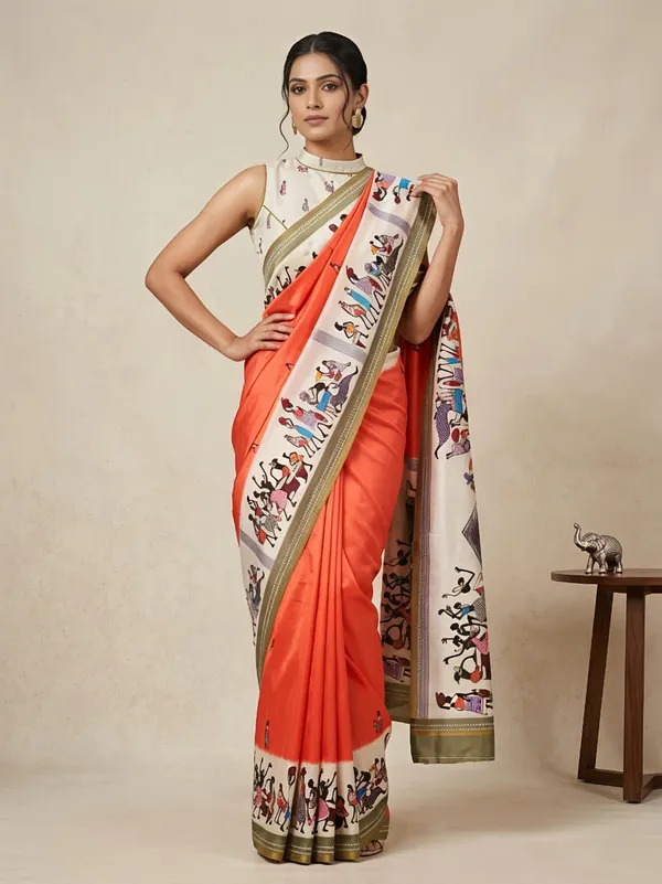 Traditional Touch Warli Art Orange Saree