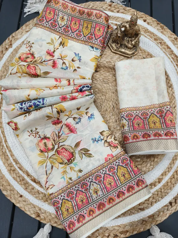 Designer Cream Floral Print Georgette Saree with Blouse