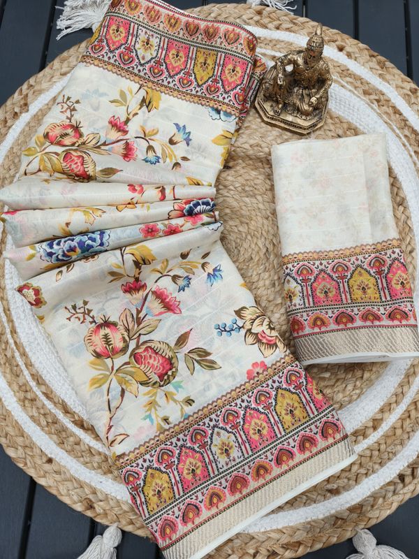 Designer Cream Floral Print Georgette Saree with Blouse