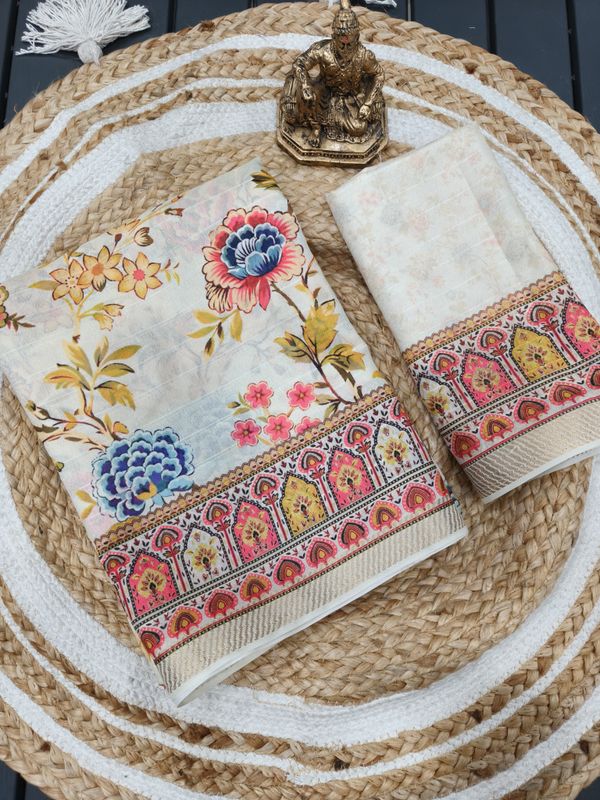 Designer Cream Floral Print Georgette Saree with Blouse