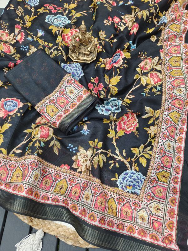 Black Floral Georgette Saree with Zari Border Online