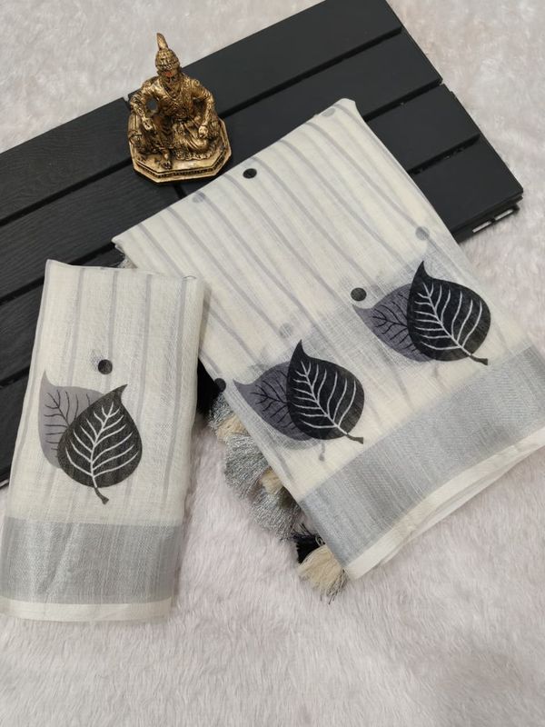 Designer Cream Linen Saree with Matching Blouse